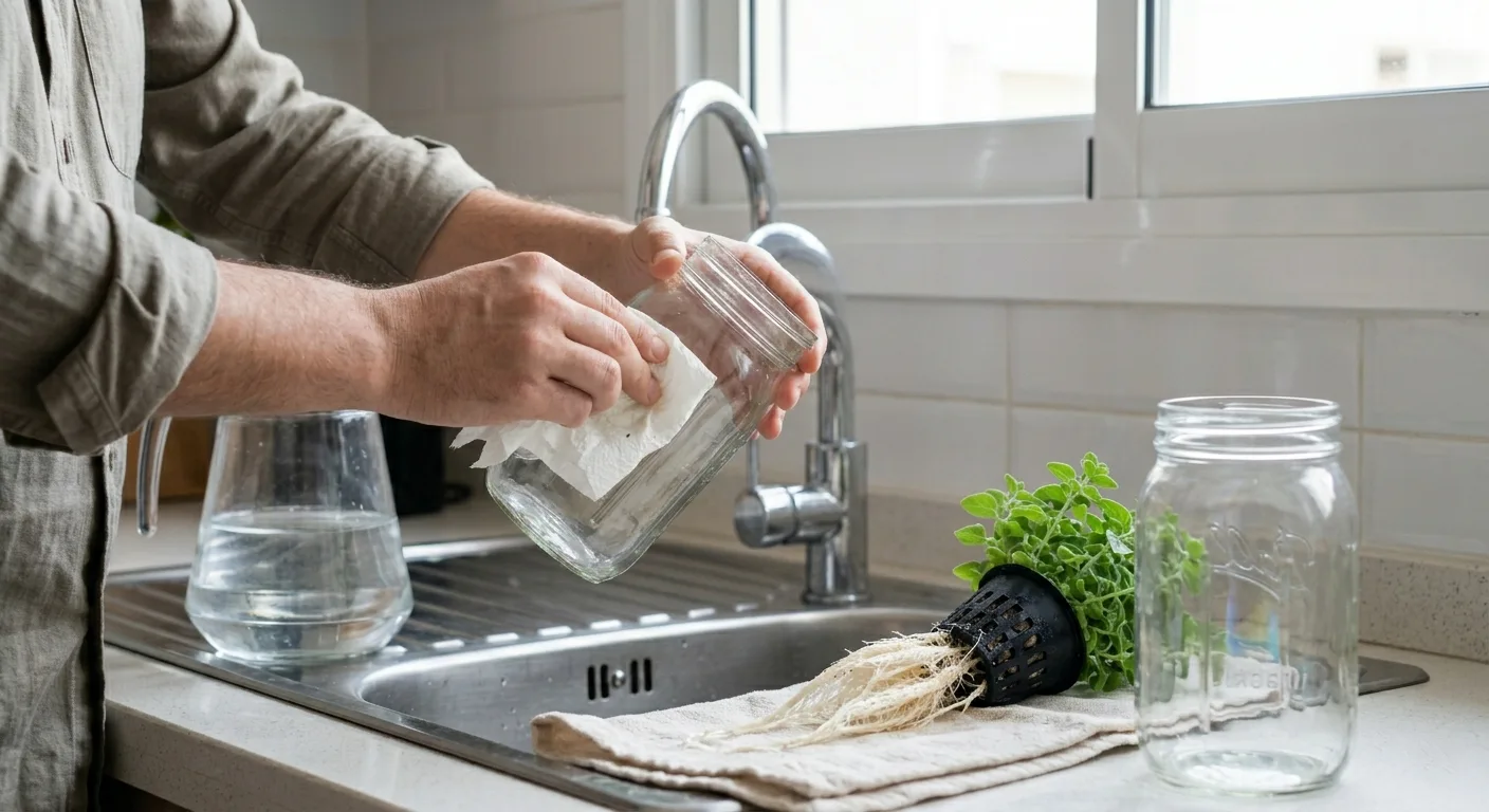 Hydroponic oregano jar being cleaned and refilled in a kitchen sink.