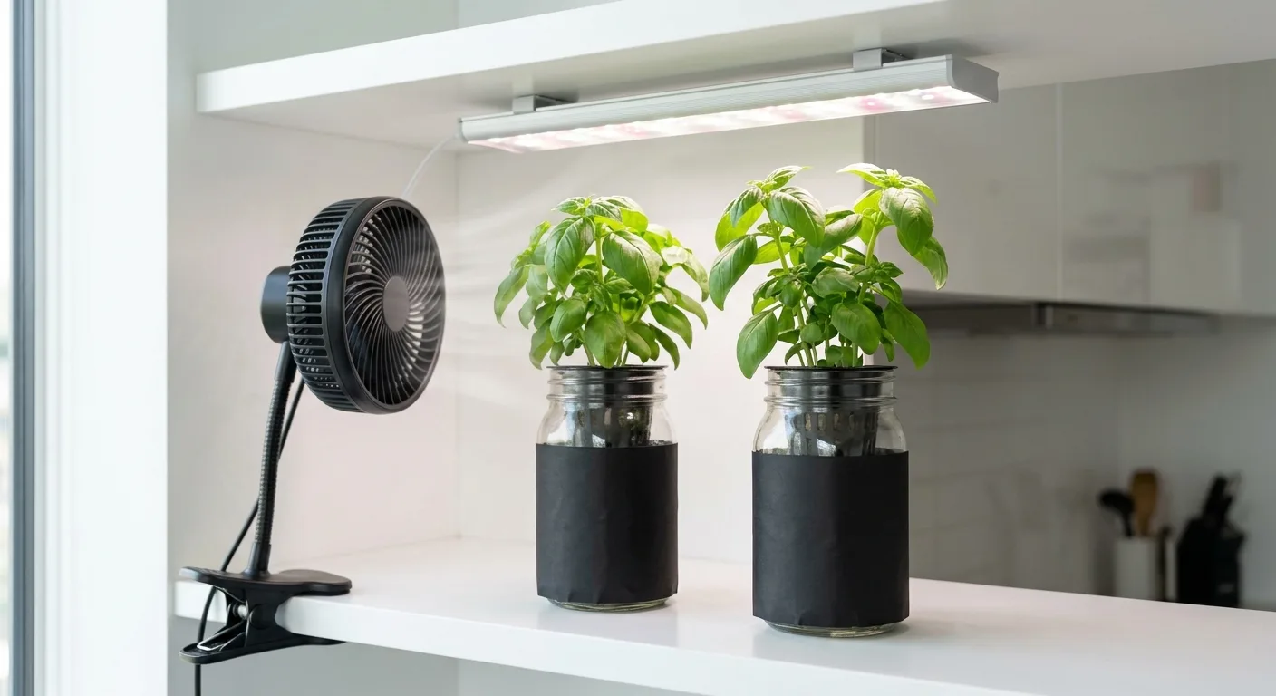 Small clip-on fan blowing across two black-wrapped mason jar hydroponic setups under a grow light on a white apartment kitchen shelf