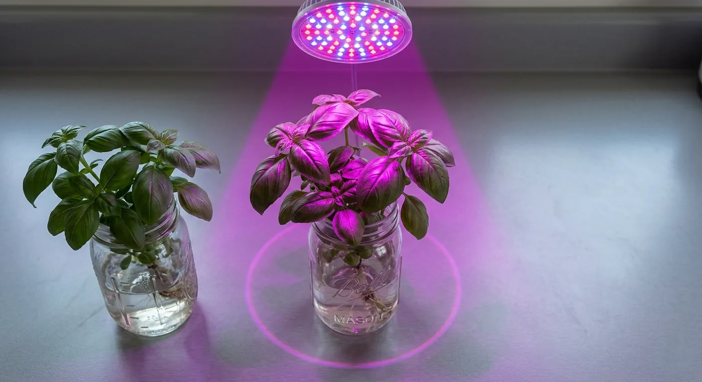 LED grow light beam spread over two hydroponic herb jars showing intensity falloff