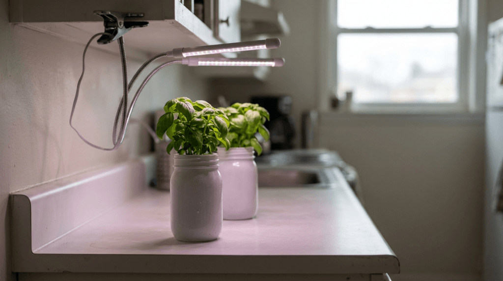Clip on grow light positioned above hydroponic basil jars on an apartment kitchen counter