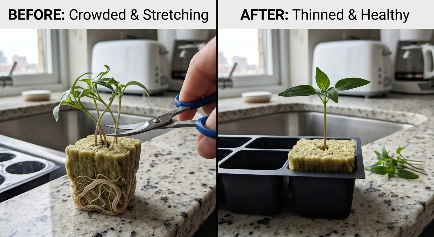 Multiple hydroponic seedlings crowded in one rockwool cube stretching sideways.