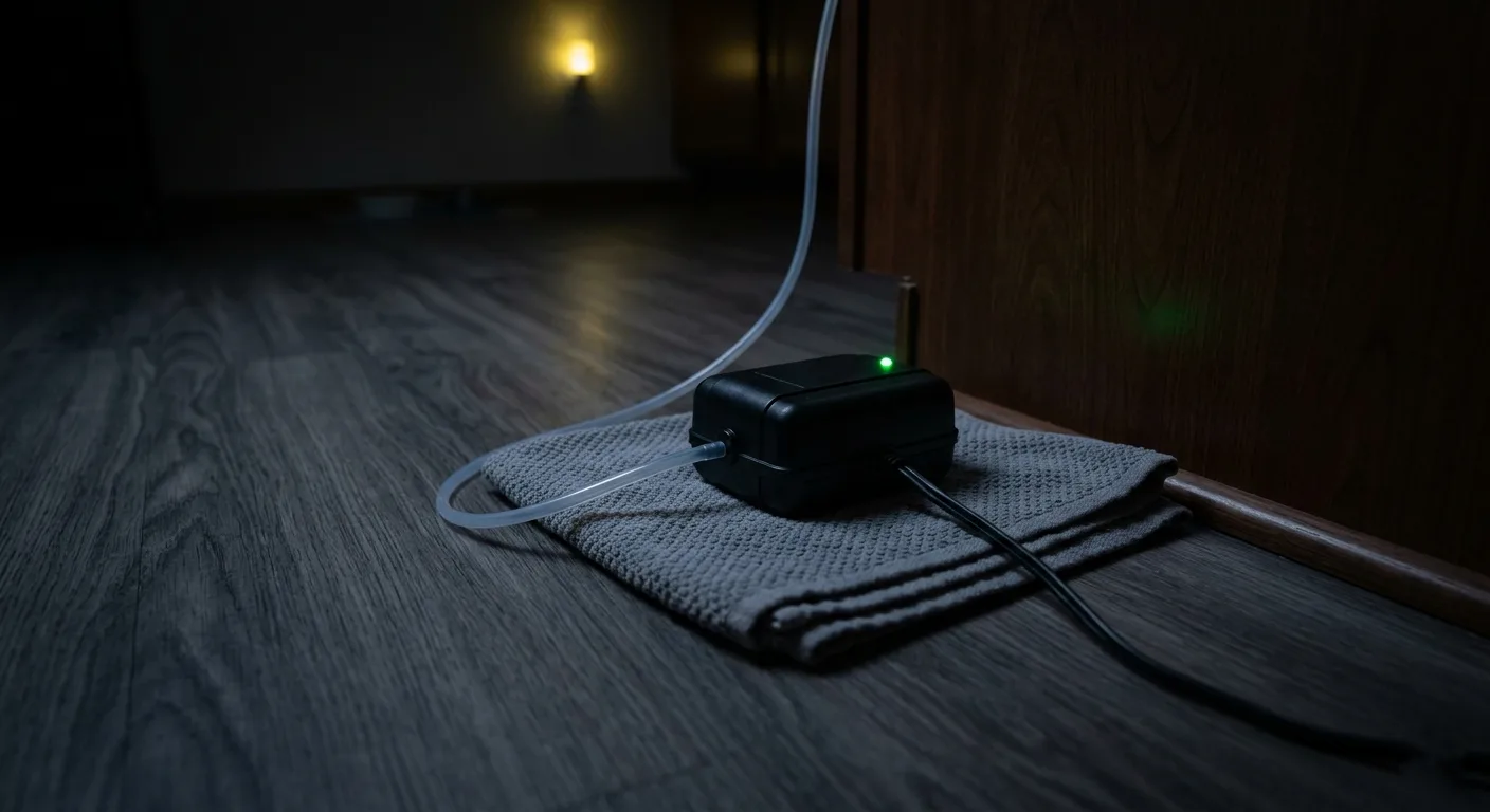 DWC hydroponic air pump running at night on a folded towel in an apartment