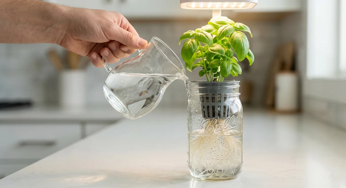 Hand pouring plain water along the inner edge of a glass mason jar hydroponic system with white roots visible through the glass and a basil plant above