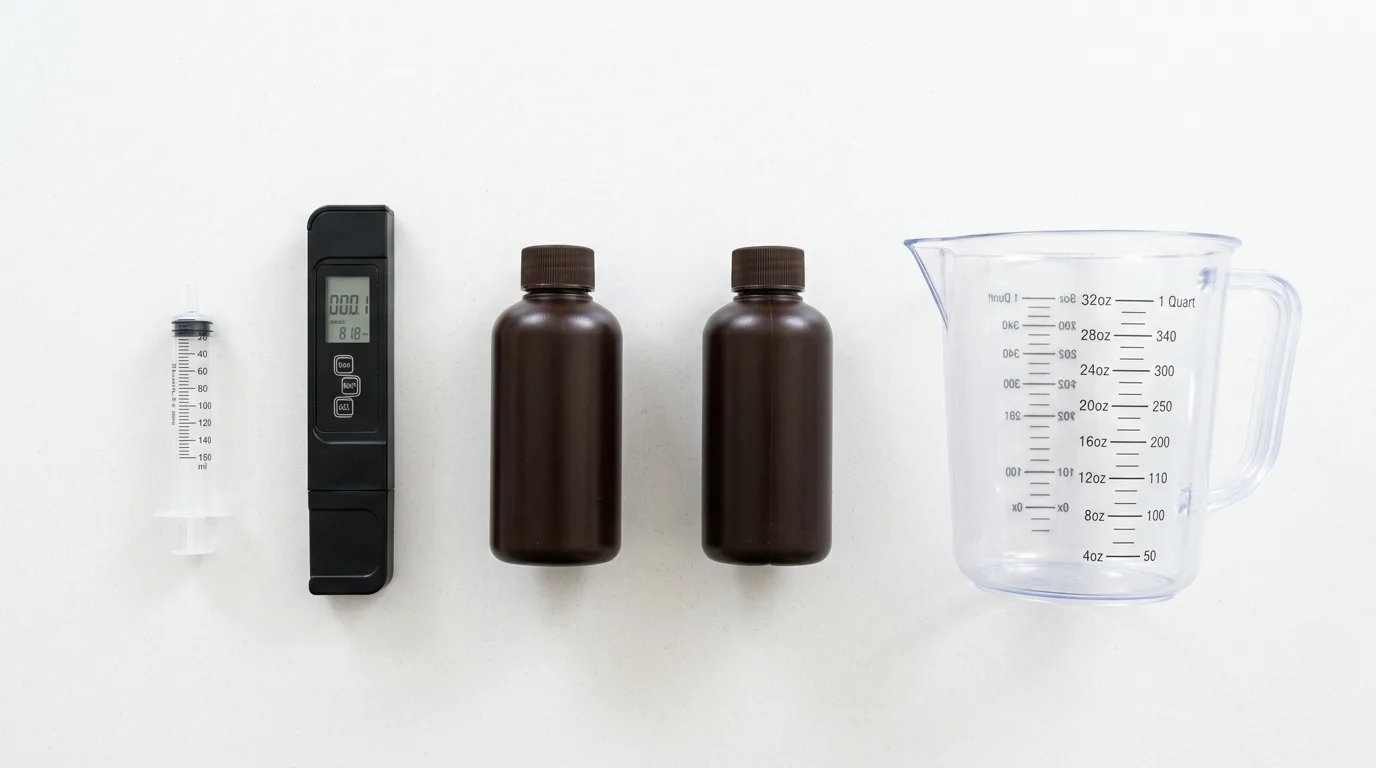 Blunt-tip syringe, digital EC meter, two nutrient bottles, and a measuring pitcher arranged neatly on a white kitchen counter for small hydroponic nutrient mixing