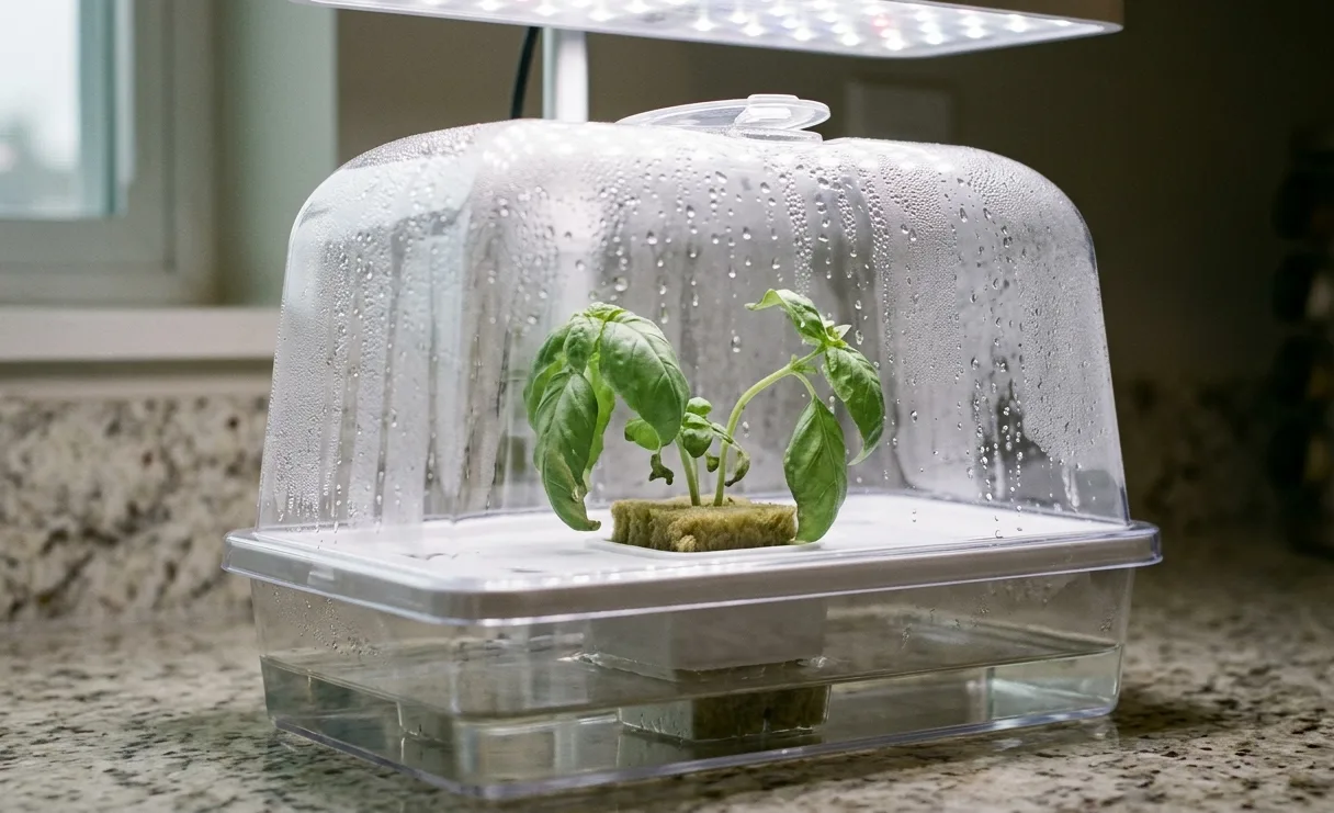 Wilting hydroponic seedlings recovering under a humidity dome after transplant shock.