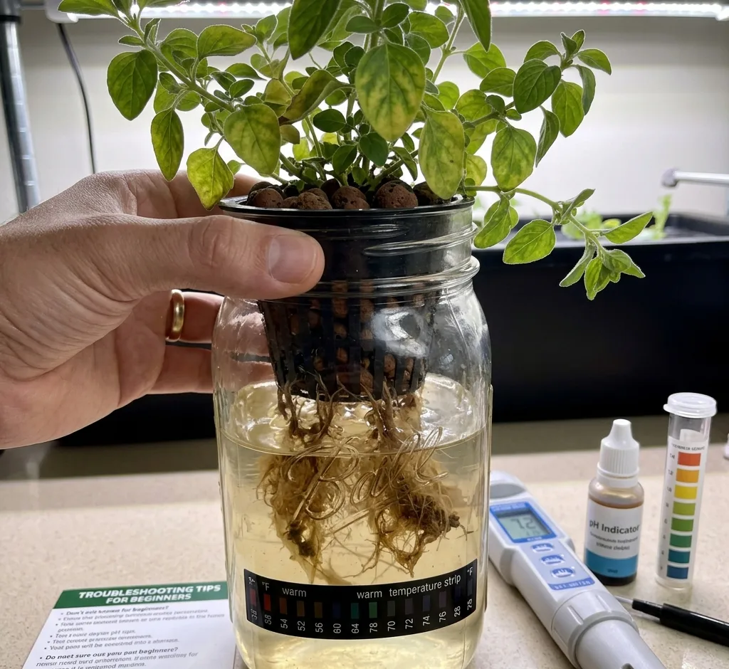 Hydroponic oregano with yellow leaves and visible root problems in a small apartment setup.