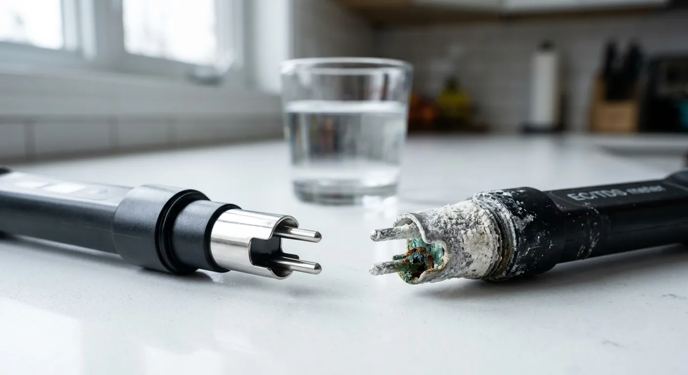 Side-by-side comparison of a clean EC meter probe and a fouled probe coated in white mineral crust from hard water buildup in a hydroponic system