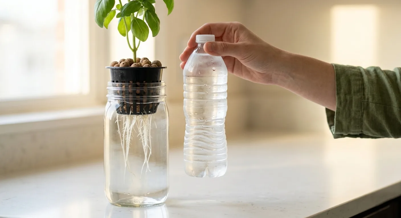 Sarah’s hand holding a sealed frozen water bottle partly submerged beside a net cup in a Kratky mason jar