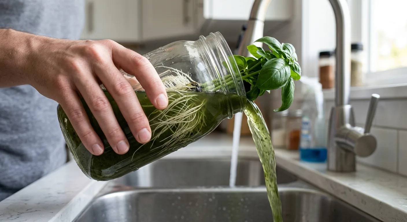 Hand tilting a glass mason jar over a kitchen sink to drain old high-EC nutrient water during a full hydroponic reservoir reset