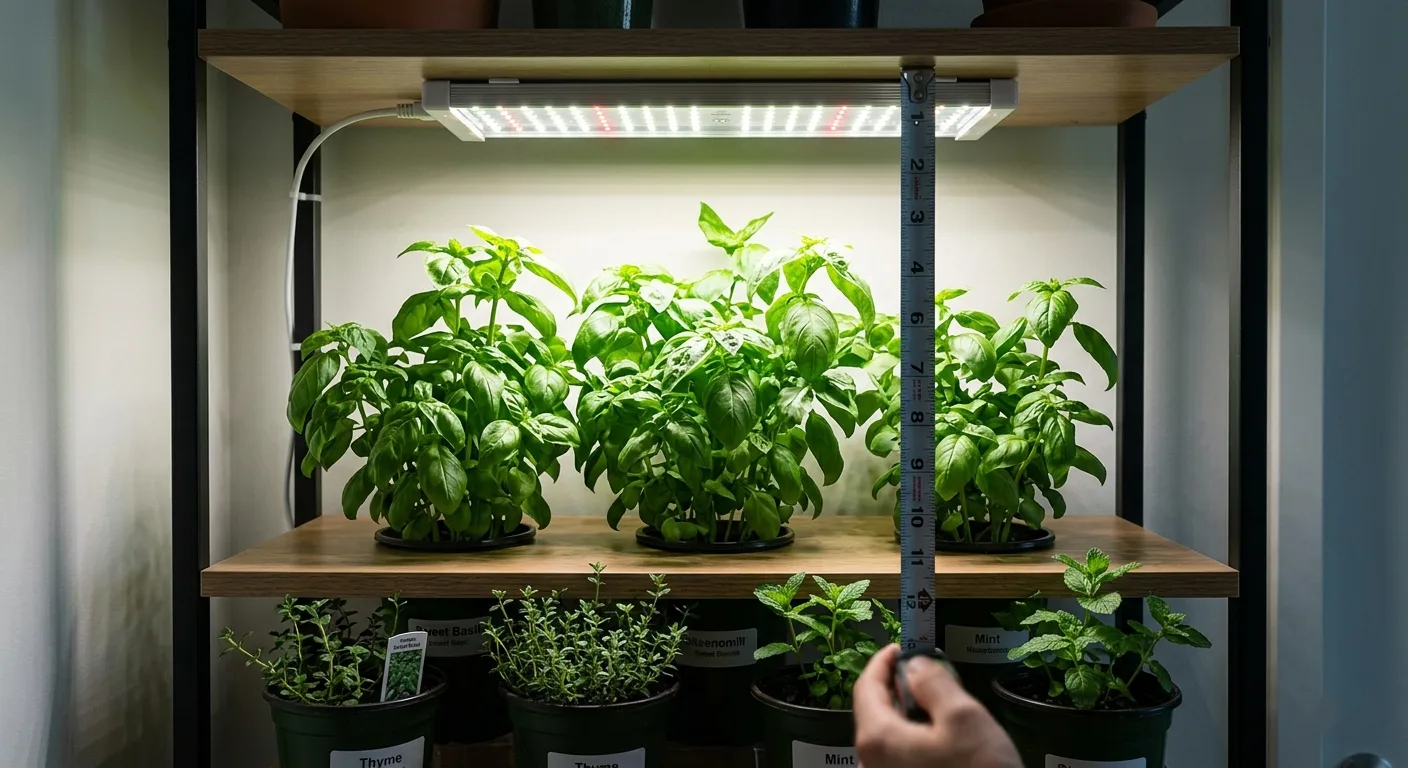 LED grow light positioned close above basil leaves in a small apartment shelf system.