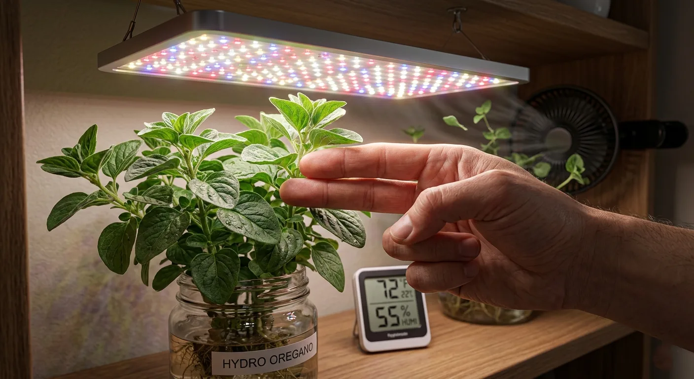Oregano placed close under a grow light in a small apartment herb garden.