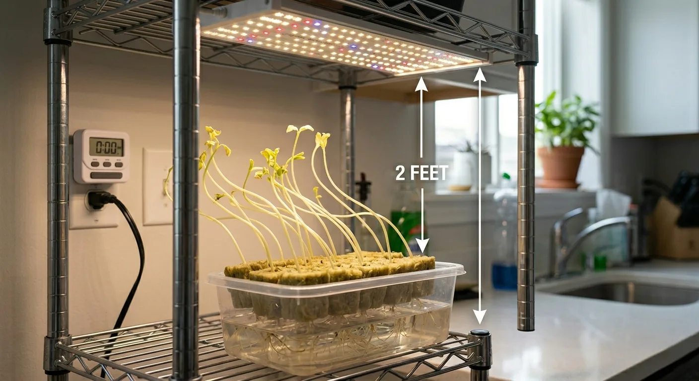 Hydroponic seedlings stretching toward grow light positioned too high above the canopy.