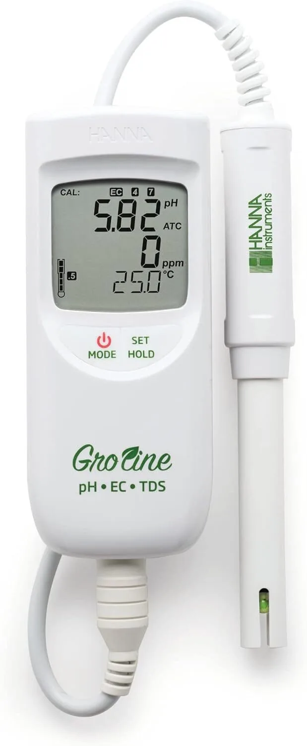 Hanna Instruments GroLine combo meter showing pH EC and TDS readings for hydroponic nutrient solution