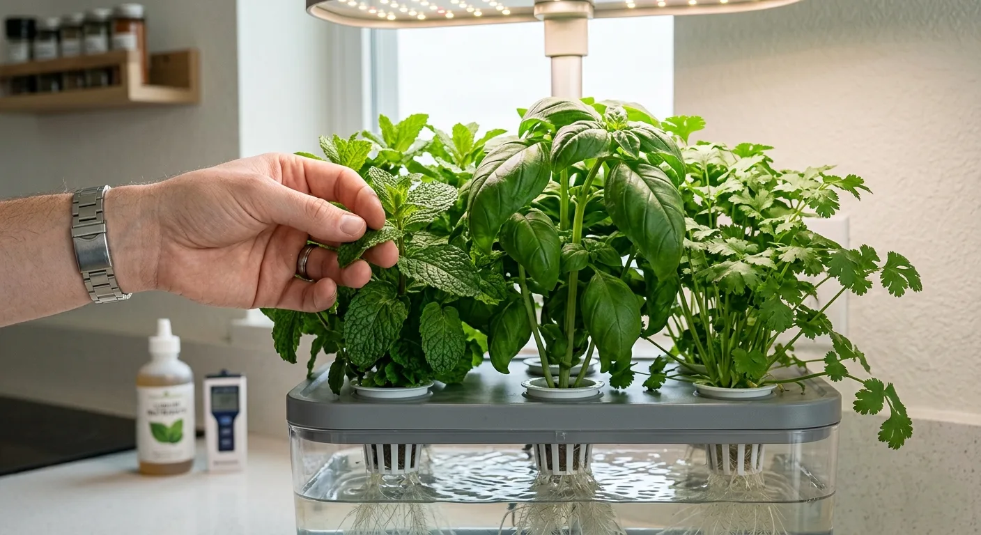 Fresh, aromatic hydroponic herbs growing strongly in a small apartment garden.