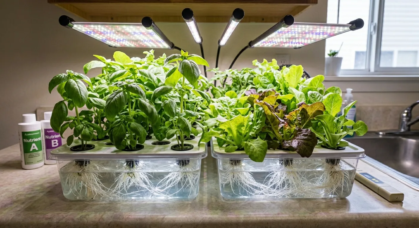 Strong hydroponic transplants growing successfully in a small apartment kitchen system.