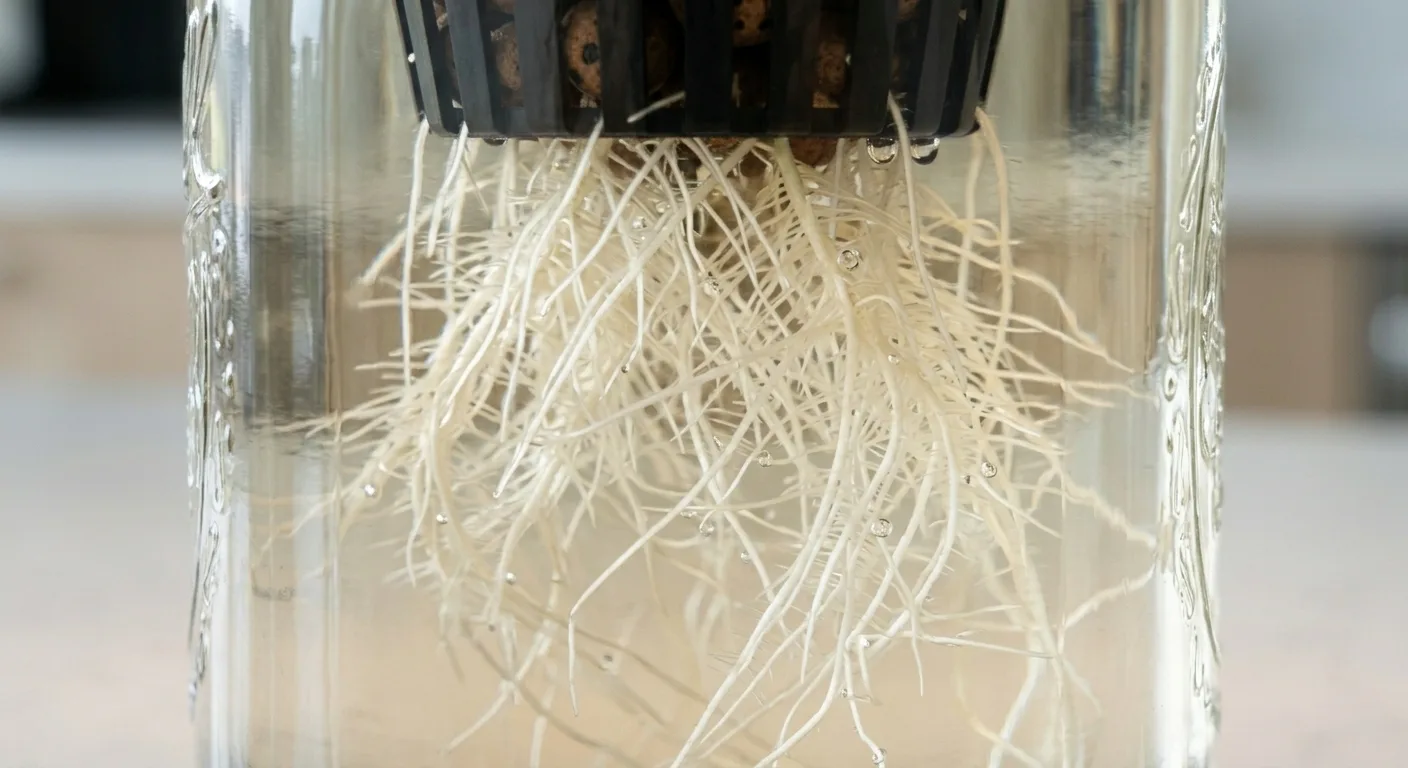 Bright white hydroponic roots hanging from a net cup inside a glass mason jar with clear nutrient water after EC was corrected