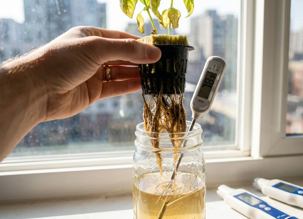 Hydroponic seedling roots turning brown from warm water temperature in apartment setup.