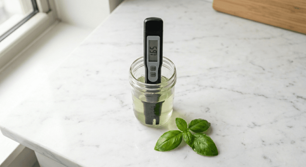 Digital EC meter standing in a glass mason jar of nutrient water with fresh basil leaves on a kitchen counter