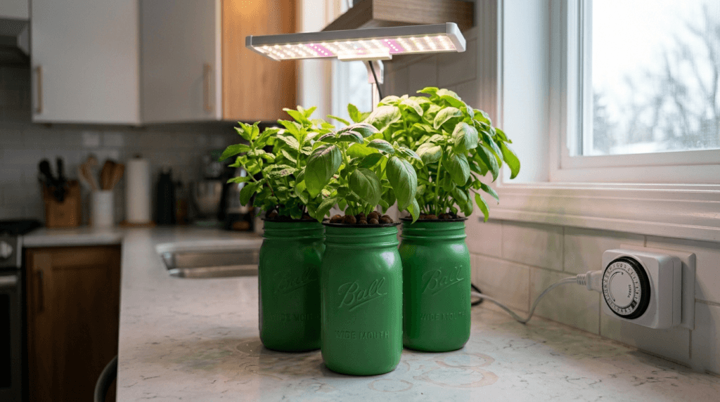 Hydroponic herbs on an apartment counter under a grow light with a timer on the outlet