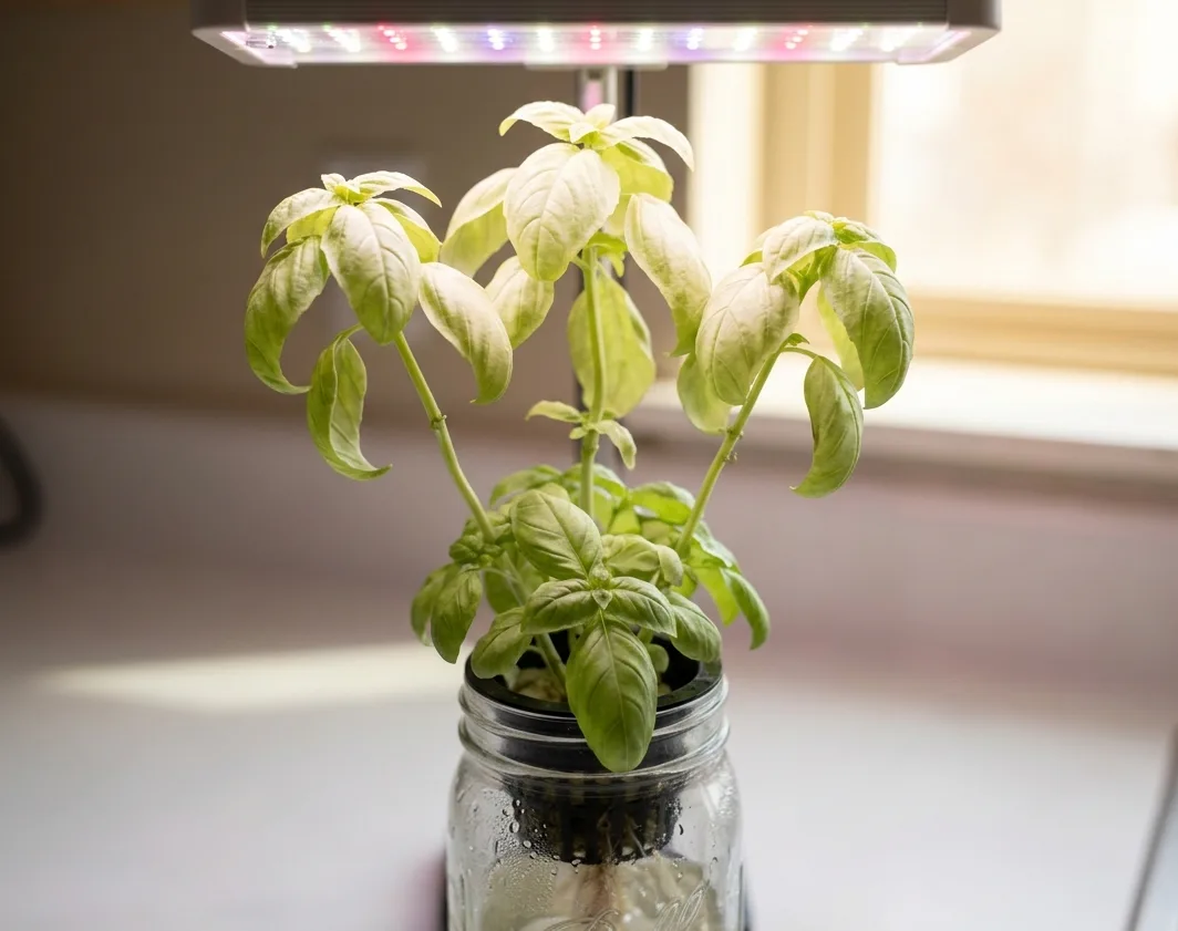 Hydroponic basil with pale yellow exhausted leaves from missing dark period