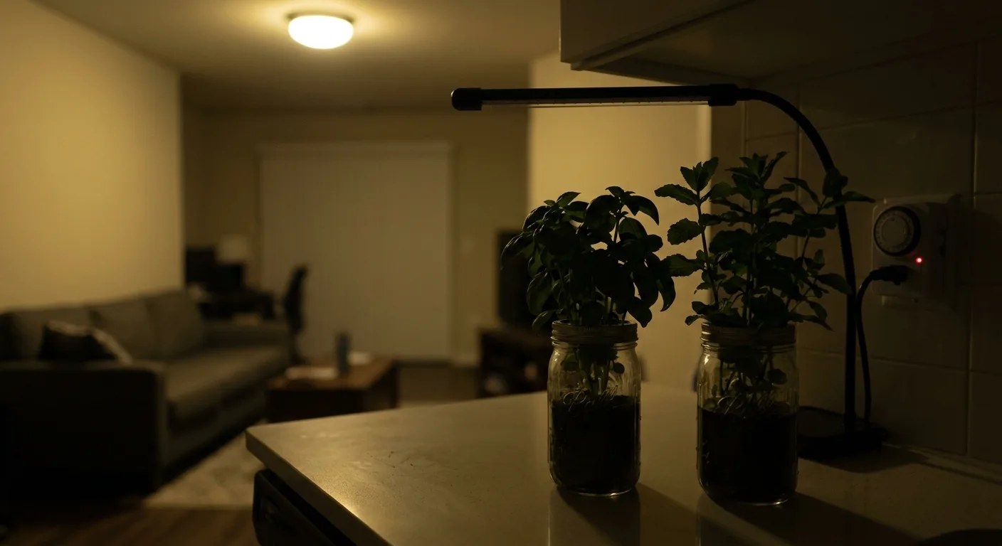 Hydroponic herb jars on an apartment counter with grow light switched off at night
