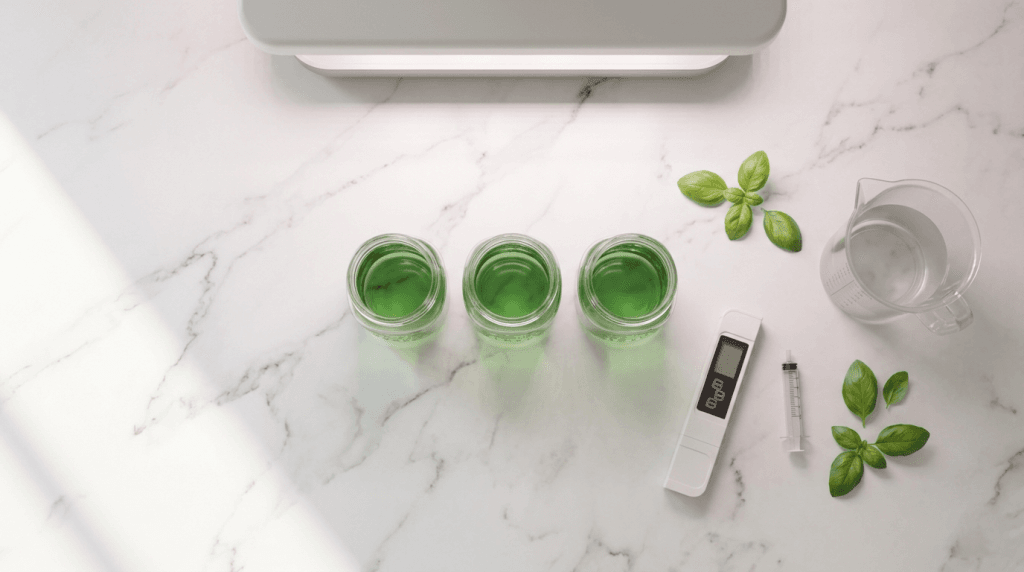 Digital EC meter, plastic syringe, and measuring pitcher arranged beside three glass mason jar hydroponic setups on a white kitchen counter