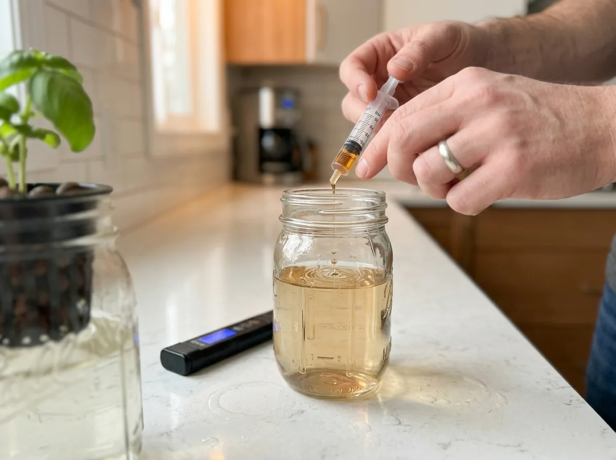 Hydroponic nutrient solution being mixed in a small jar for a clip on grow light setup