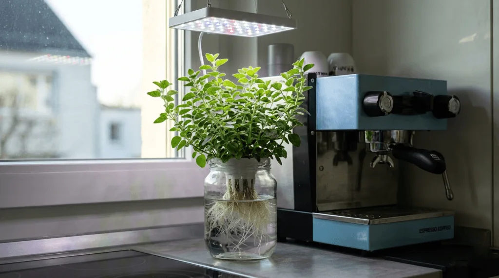 Healthy hydroponic oregano growing in a small apartment jar under an LED light.