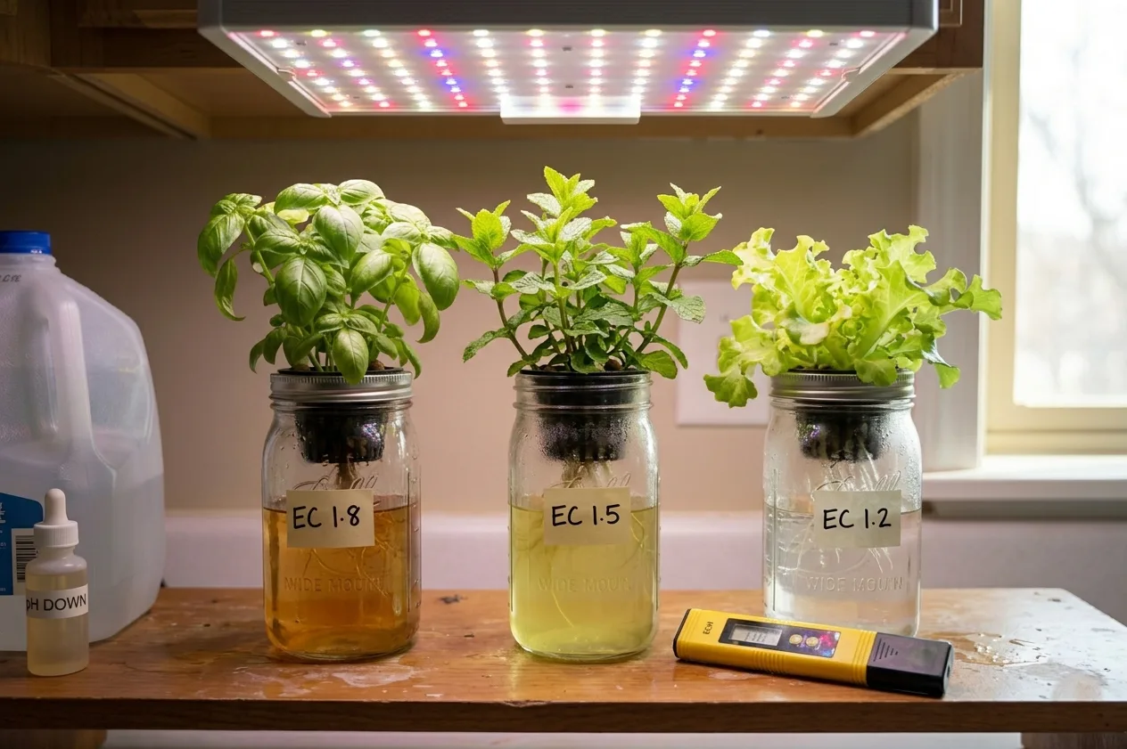 Individual Kratky mason jars on shelf each with different nutrient solutions for mixed crops