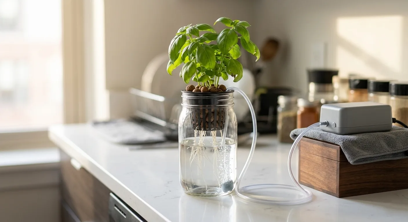 Small air pump sitting higher than a Kratky jar, with an airline tube running down into the water on a kitchen counter