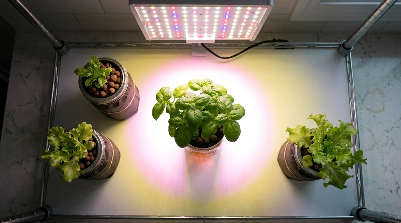 Overhead view of LED grow light footprint showing bright center zone directly above basil jar