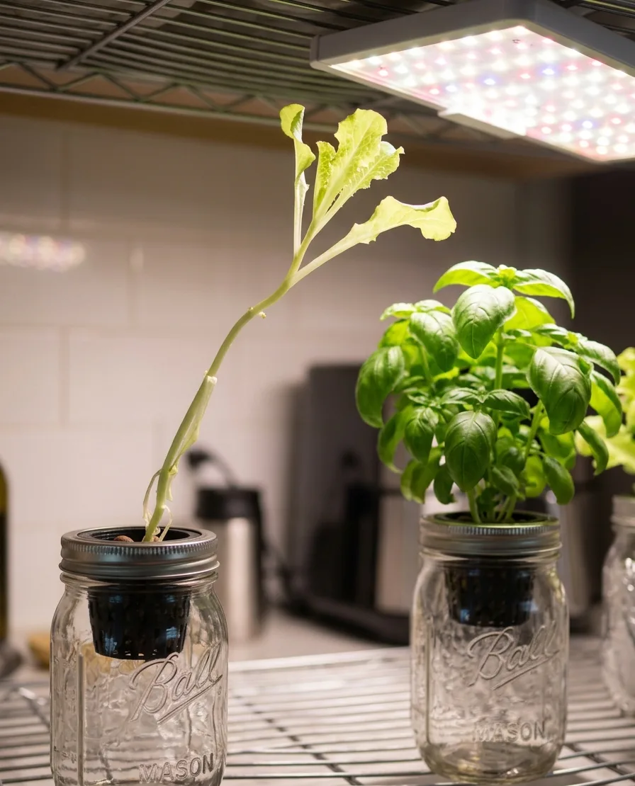 Lettuce plant with leggy stretched stem leaning toward the bright center of a grow light