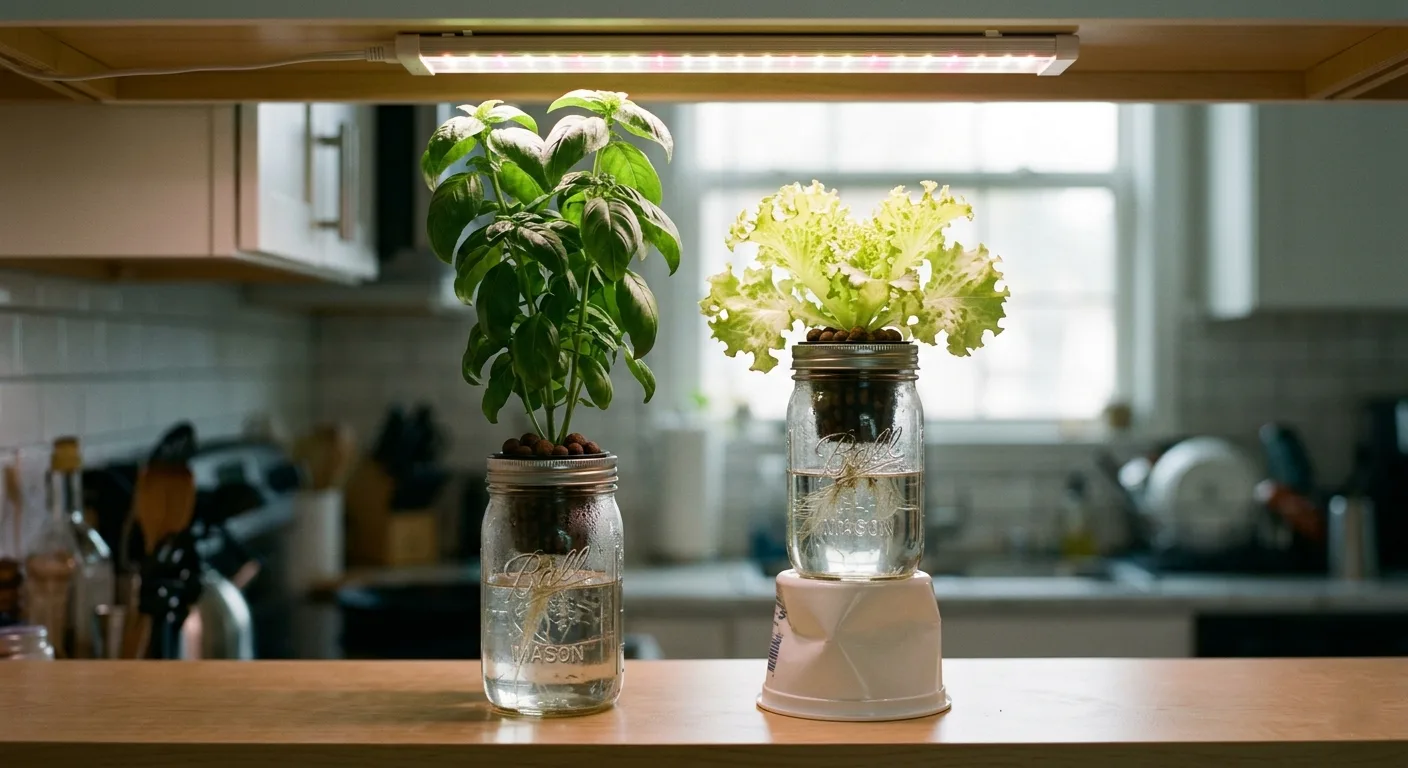 Small lettuce Kratky jar raised on an upside-down yogurt container to reach grow light