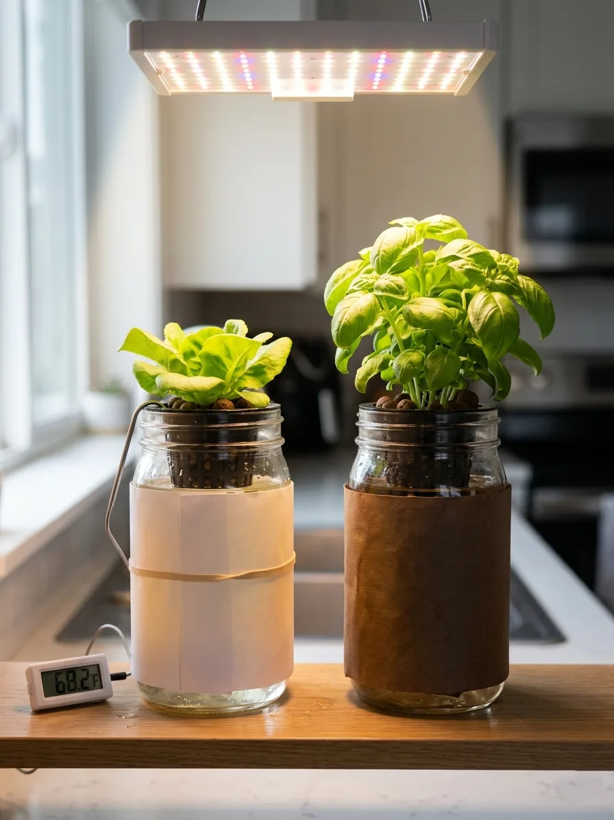Lettuce hydroponic jar wrapped in white paper on edge of shelf to keep roots cool