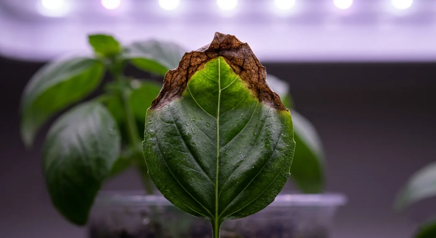 Basil leaf with crispy brown scorched tips on the upper edges caused by a grow light positioned too close above a small hydroponic jar