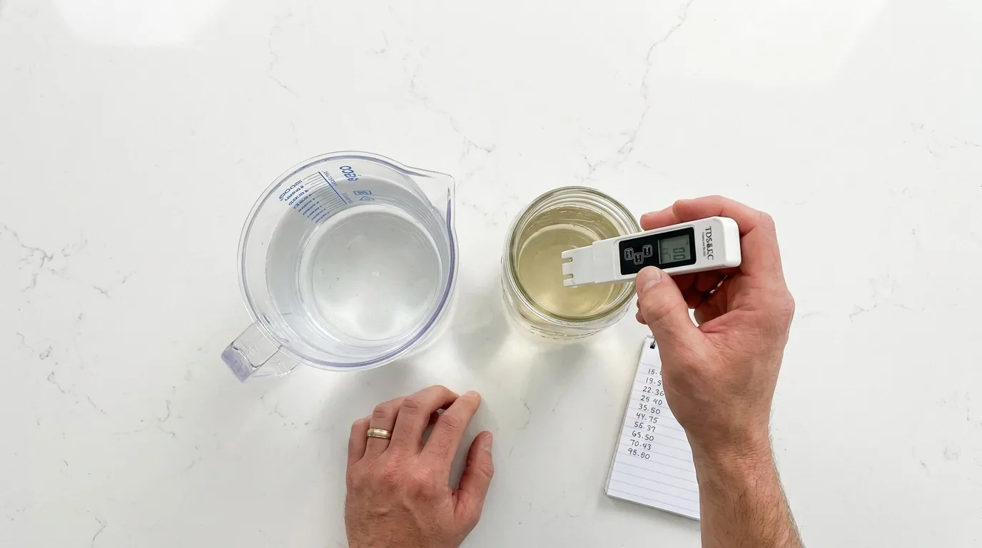 Hand dipping an EC meter into a quart mason jar beside a measuring pitcher and handwritten notes on a kitchen counter before mixing hydroponic nutrients