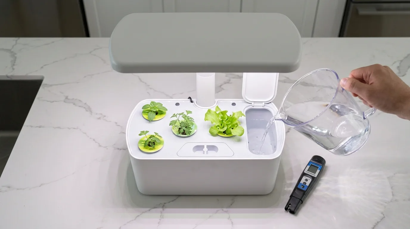 Measuring pitcher pouring water into the open reservoir of a white 6-pod countertop smart garden system beside an EC meter on a kitchen counter