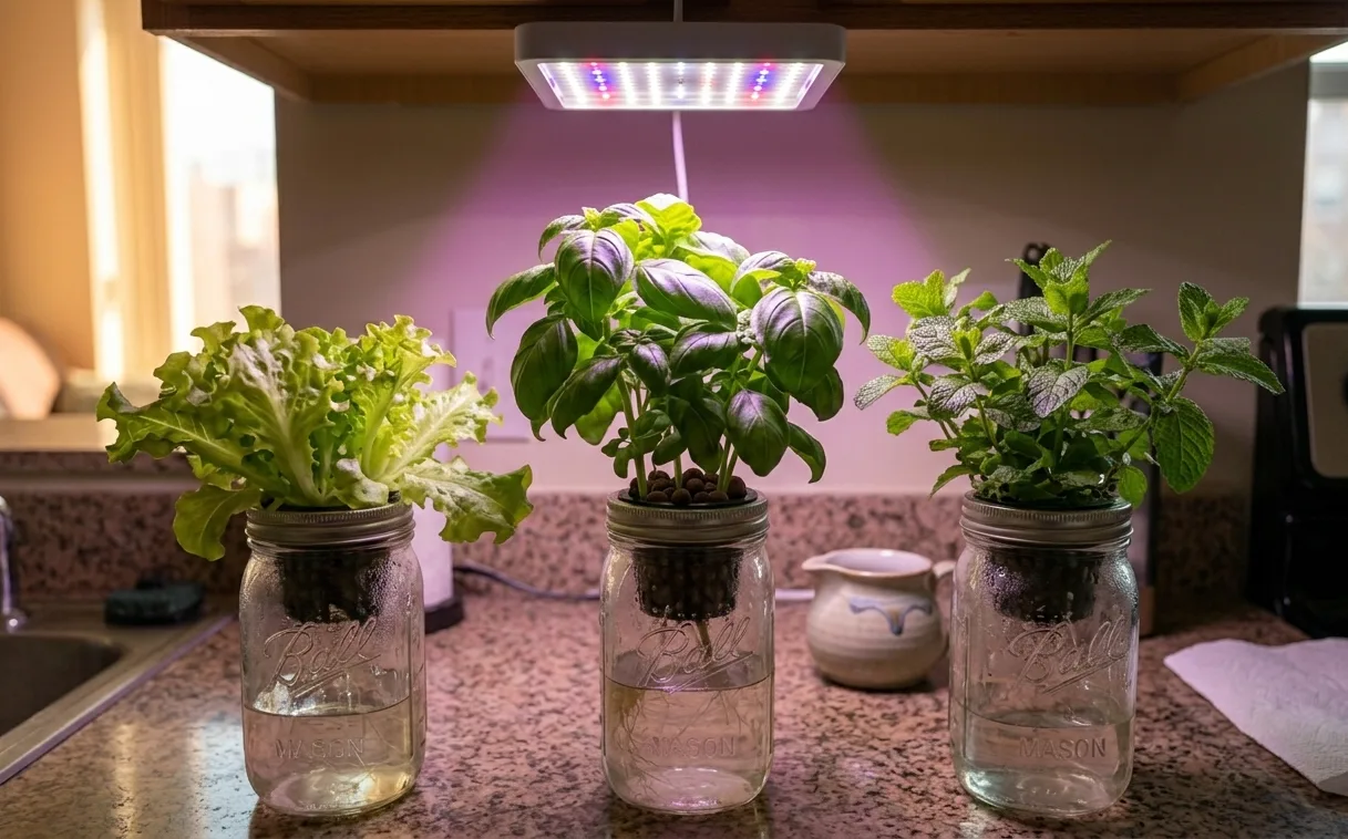 Basil mint and lettuce jars sharing one LED grow light on a kitchen counter