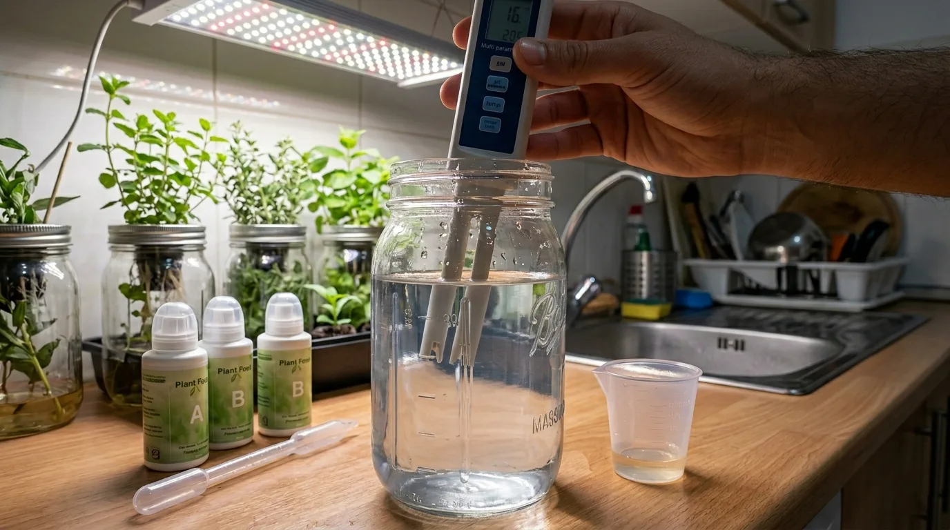 Person measuring hydroponic nutrients and pH for oregano in a small apartment setup.