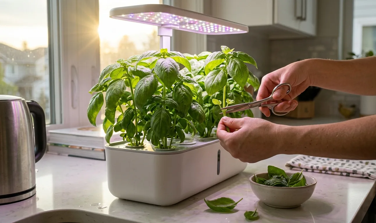 Hands harvesting hydroponic basil in the morning with fresh leaves and a small pair of scissors.