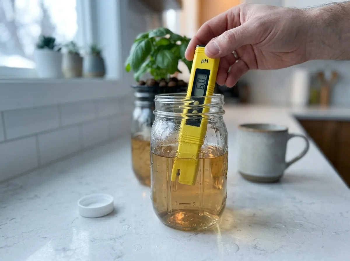 Person checking pH meter in hydroponic herb jar reservoir first thing in the morning