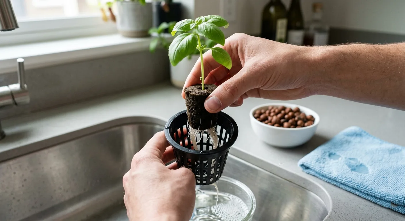 Hands transferring a hydroponic seedling into a net cup inside a countertop garden.
