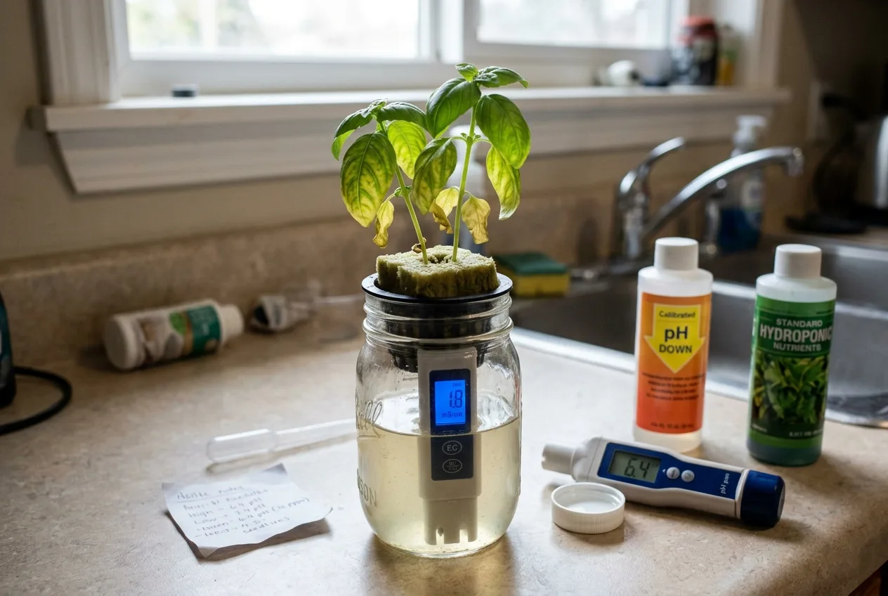 Hydroponic seedlings with yellow leaves from pH nutrient lockout in small apartment jar.