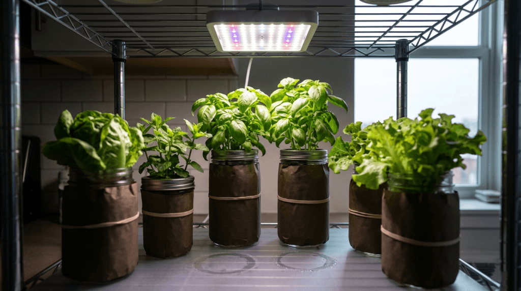 Mixed hydroponic herbs and lettuce under one LED grow light on an apartment kitchen shelf