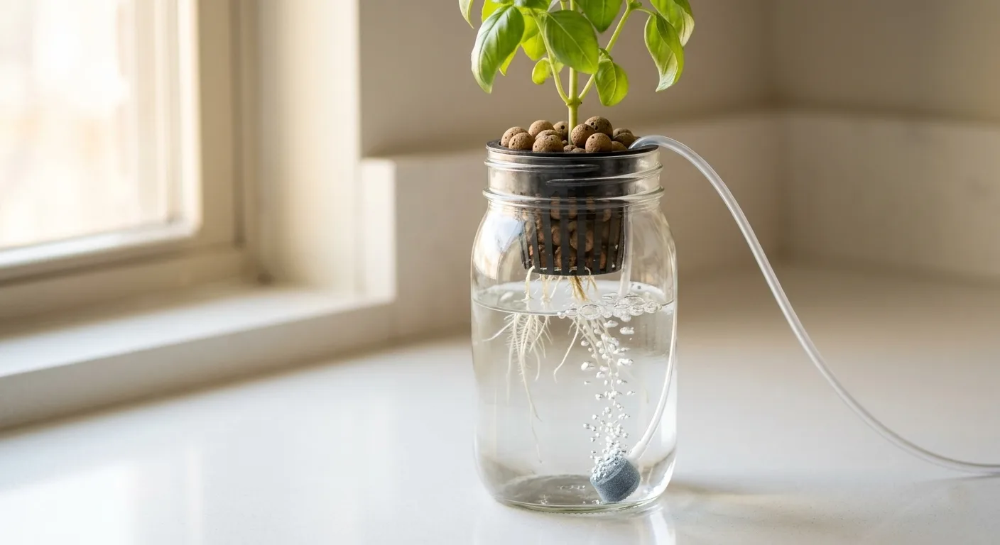 Kratky jar with net cup and basil plant, white roots in clear water with air bubbles from an air stone on a kitchen counter