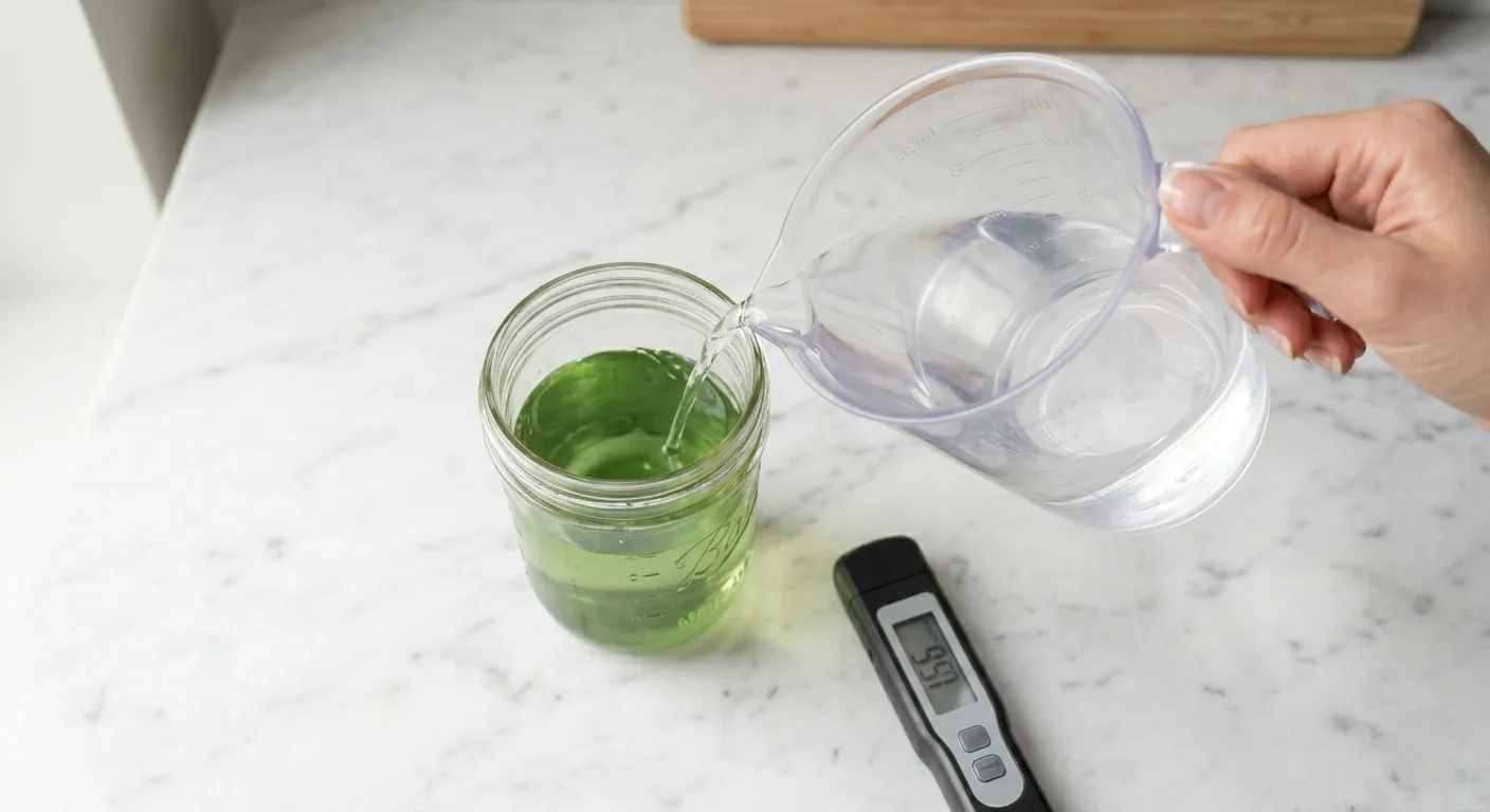 Hand pouring plain water from a measuring cup into a mason jar hydroponic reservoir next to a digital EC meter on a kitchen counter