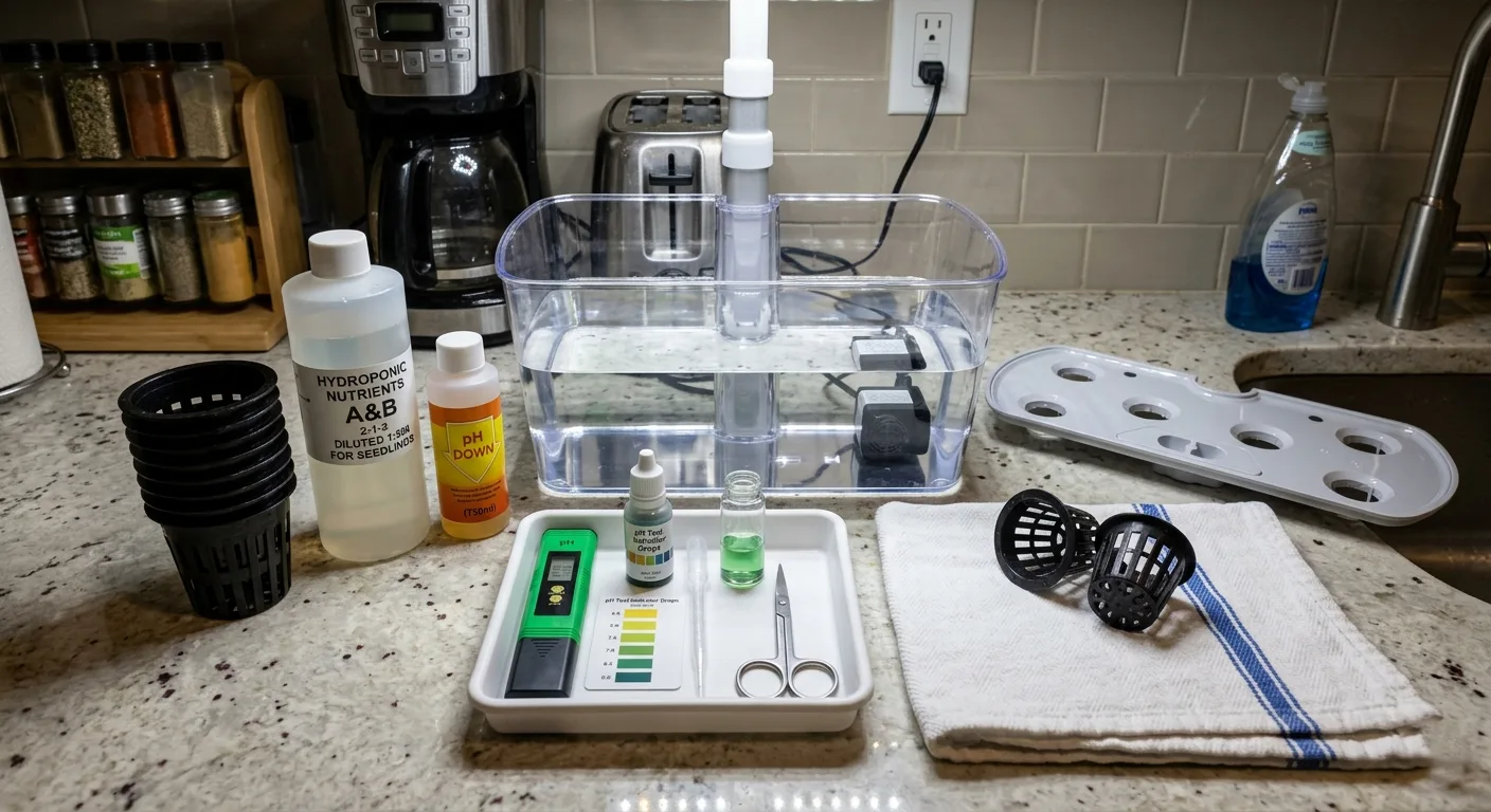 Clean apartment hydroponic reservoir and nutrient setup prepared before transplanting seedlings.