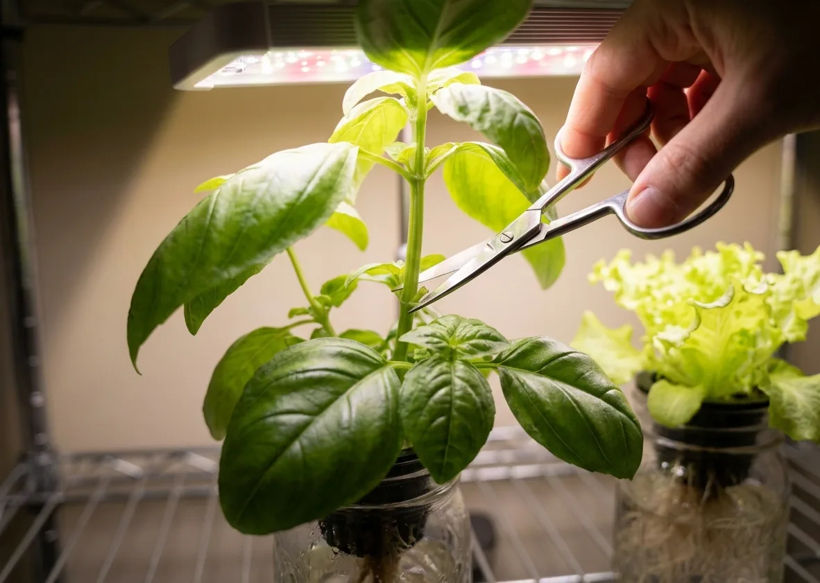 Hand pruning large basil fan leaves with scissors on a mixed hydroponic shelf