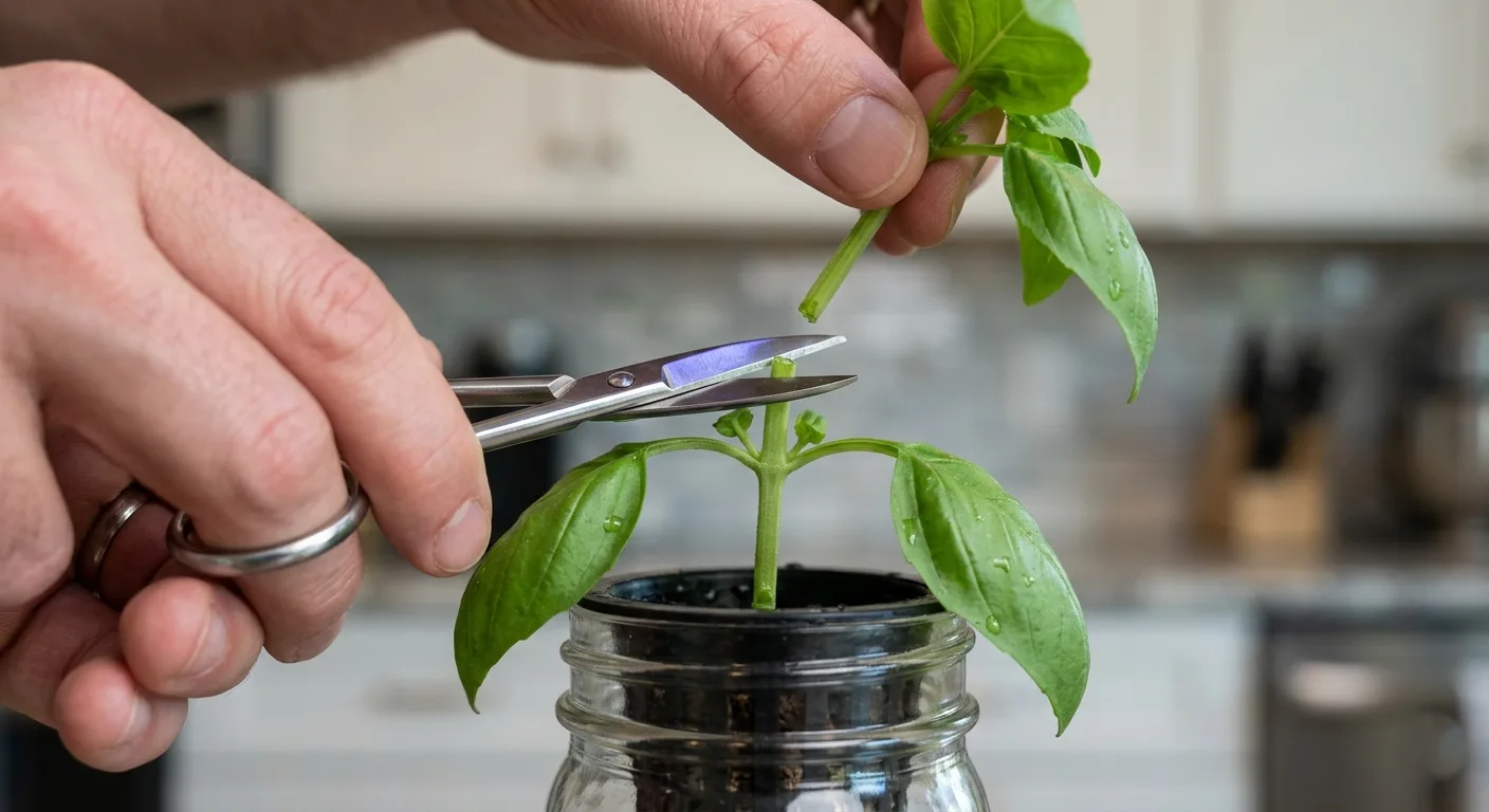 Small scissors pruning hydroponic basil at the node in a mason jar on a counter