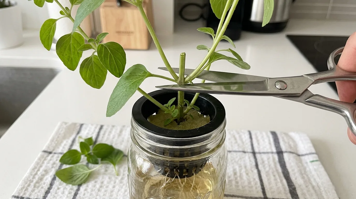 Hands pruning hydroponic oregano above a leaf node to encourage bushier growth.